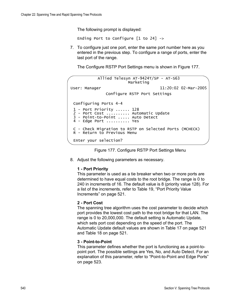 Figure 177: configure rstp port settings menu | Allied Telesis AT-S63 User Manual | Page 540 / 944