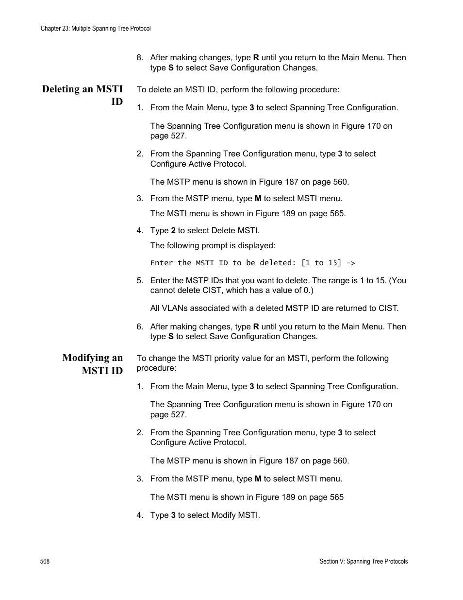 Deleting an msti id, Modifying an msti id, Deleting an msti id modifying an msti id | Allied Telesis AT-S63 User Manual | Page 568 / 944