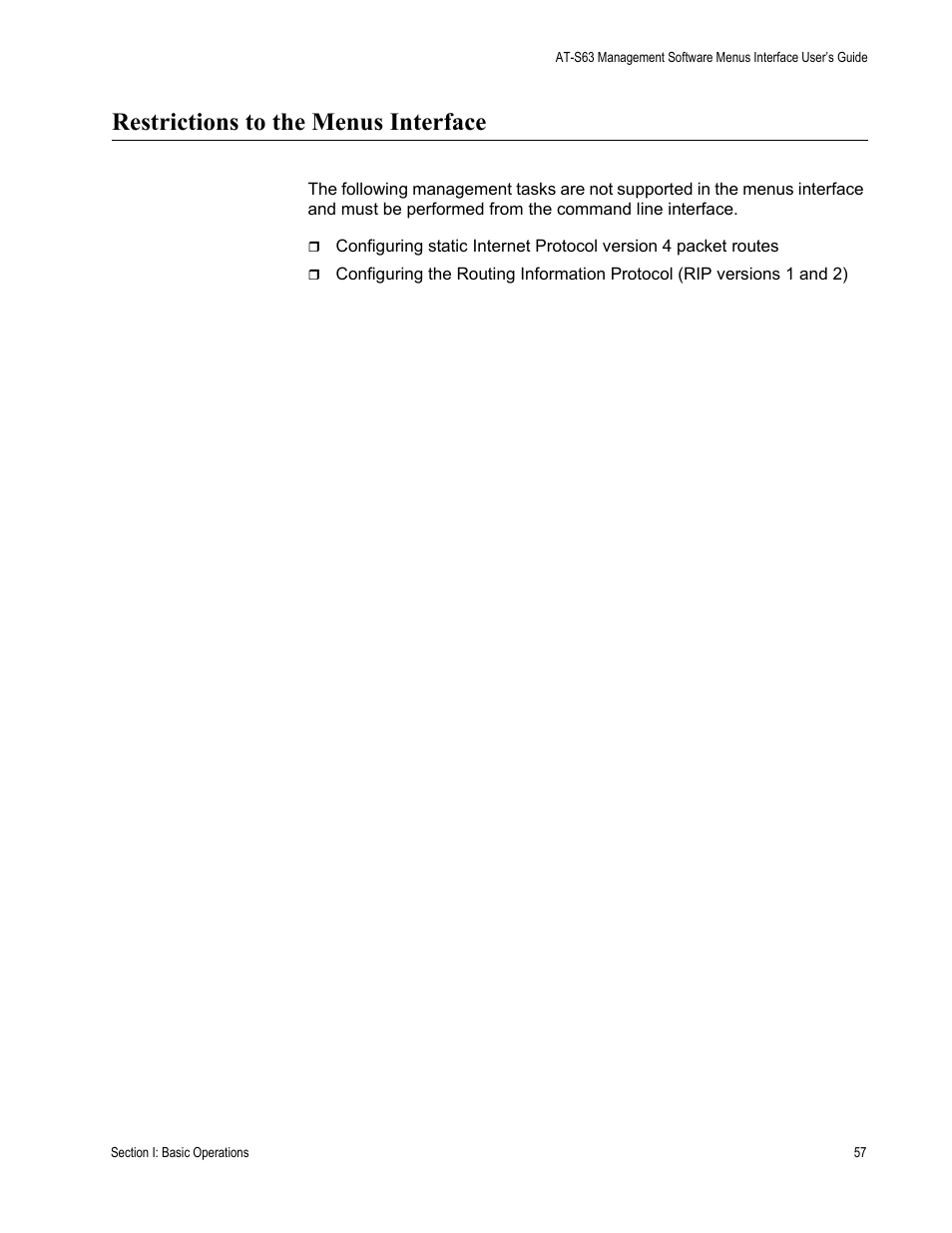 Restrictions to the menus interface | Allied Telesis AT-S63 User Manual | Page 57 / 944