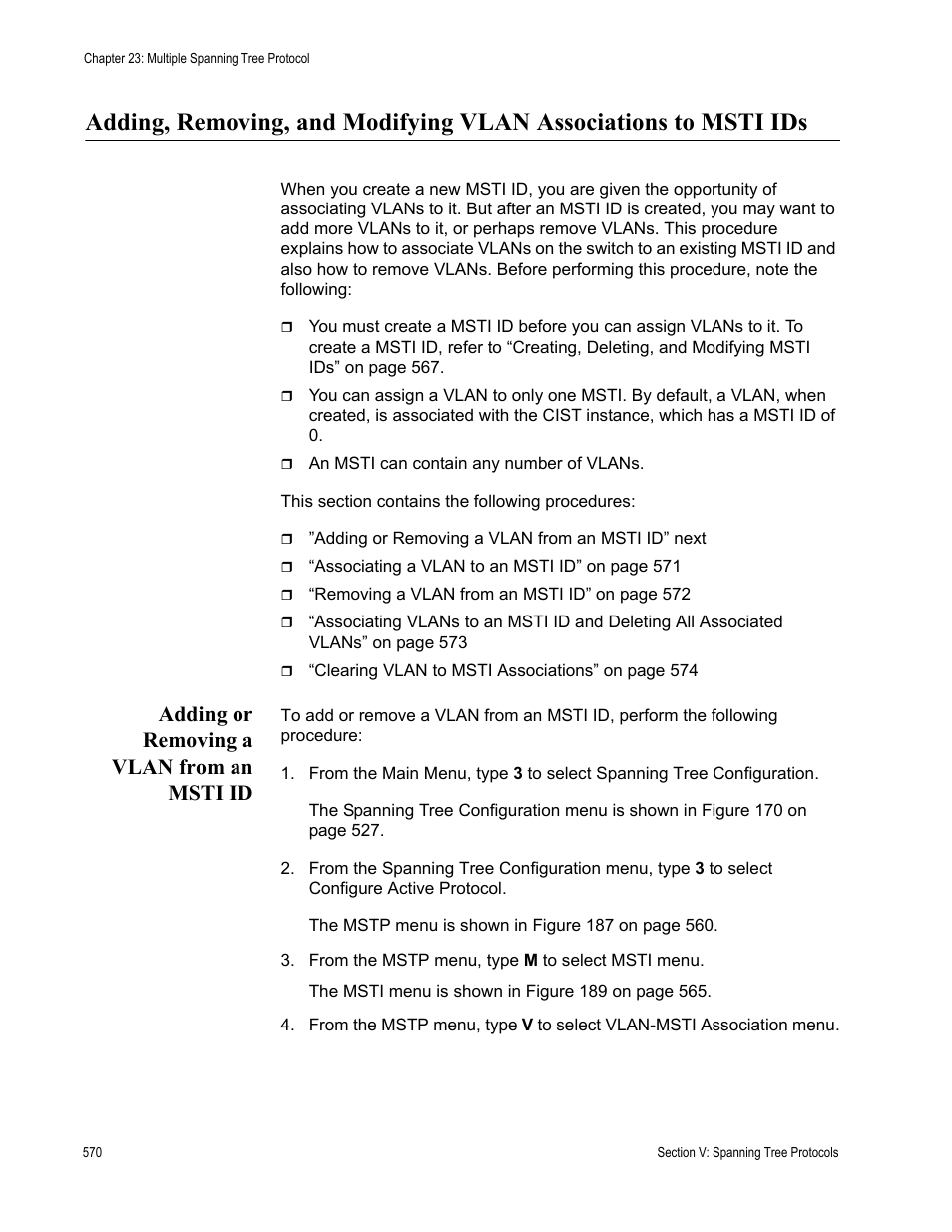 Adding or removing a vlan from an msti id | Allied Telesis AT-S63 User Manual | Page 570 / 944
