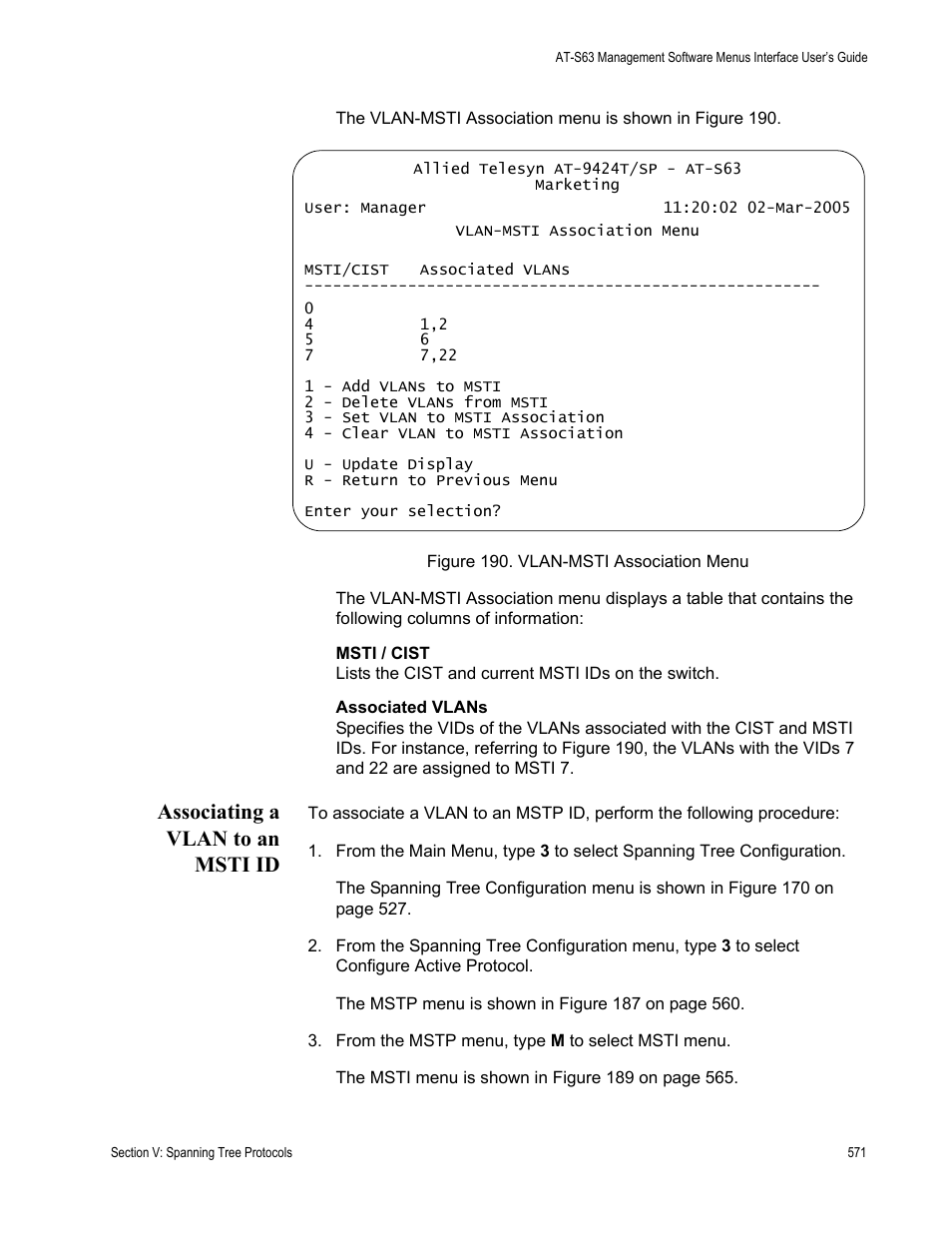 Associating a vlan to an msti id, Figure 190: vlan-msti association menu | Allied Telesis AT-S63 User Manual | Page 571 / 944