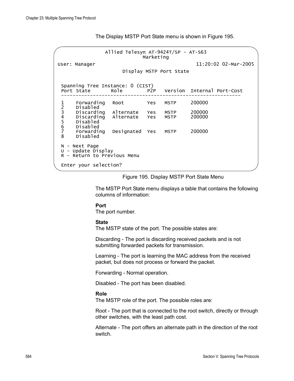 Figure 195: display mstp port state menu | Allied Telesis AT-S63 User Manual | Page 584 / 944