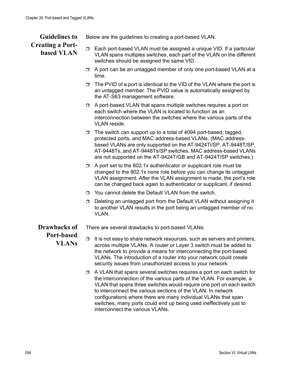 Guidelines to creating a port- based vlan, Drawbacks of port-based vlans | Allied Telesis AT-S63 User Manual | Page 594 / 944