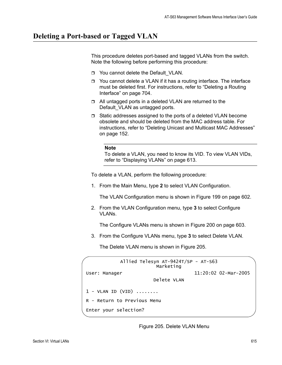 Deleting a port-based or tagged vlan, Figure 205: delete vlan menu | Allied Telesis AT-S63 User Manual | Page 615 / 944