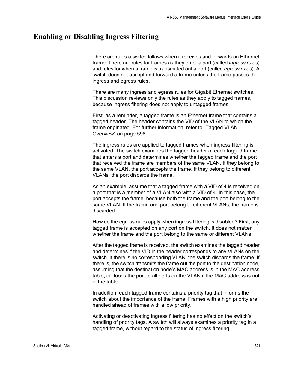 Enabling or disabling ingress filtering | Allied Telesis AT-S63 User Manual | Page 621 / 944