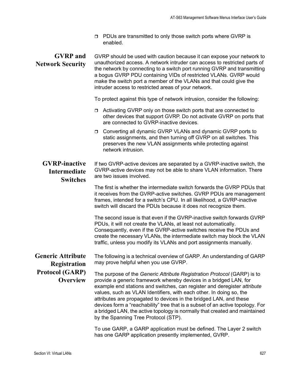 Gvrp and network security, Gvrp-inactive intermediate switches | Allied Telesis AT-S63 User Manual | Page 627 / 944