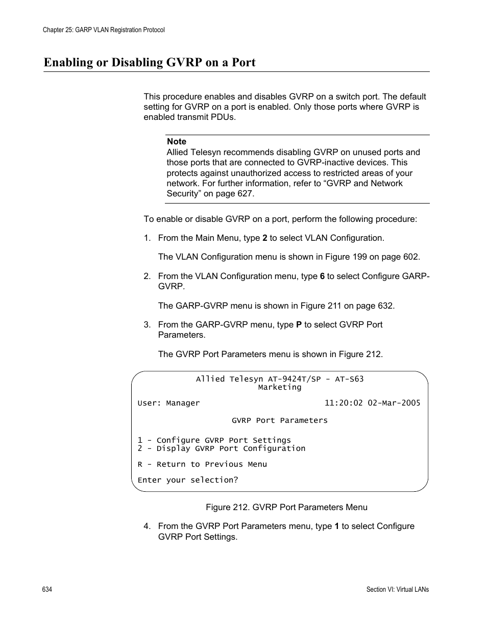 Enabling or disabling gvrp on a port, Figure 212: gvrp port parameters menu | Allied Telesis AT-S63 User Manual | Page 634 / 944