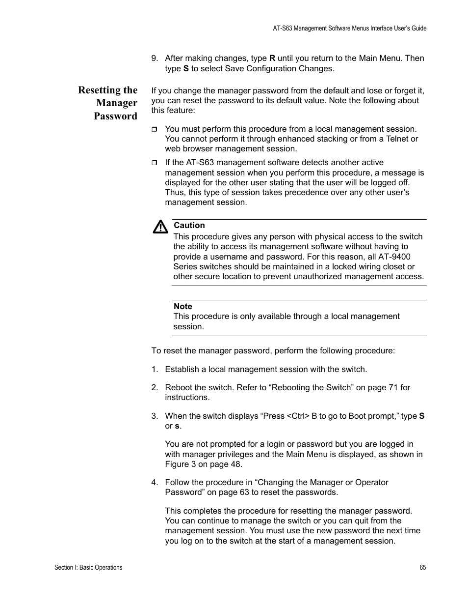 Resetting the manager password | Allied Telesis AT-S63 User Manual | Page 65 / 944