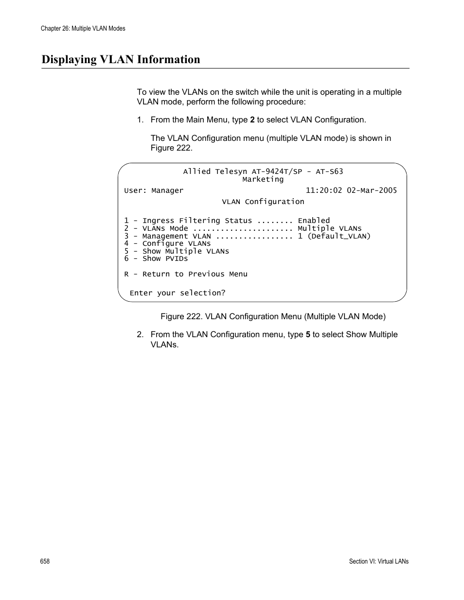 Displaying vlan information | Allied Telesis AT-S63 User Manual | Page 658 / 944