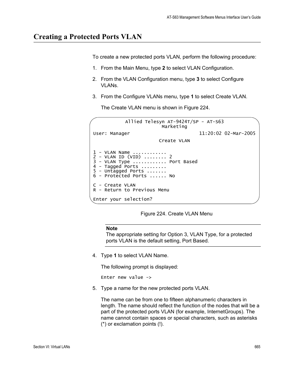 Creating a protected ports vlan, Figure 224: create vlan menu | Allied Telesis AT-S63 User Manual | Page 665 / 944