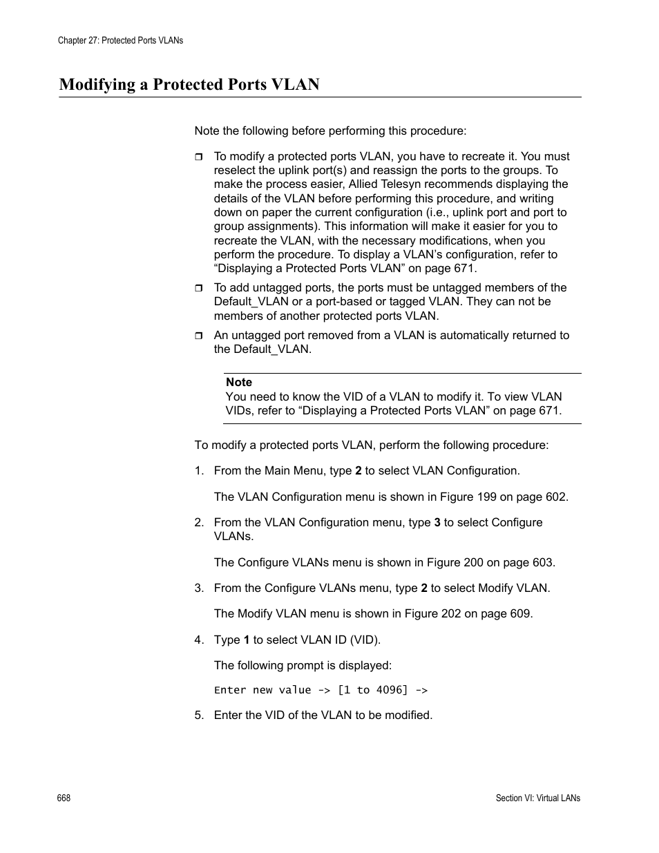 Modifying a protected ports vlan | Allied Telesis AT-S63 User Manual | Page 668 / 944