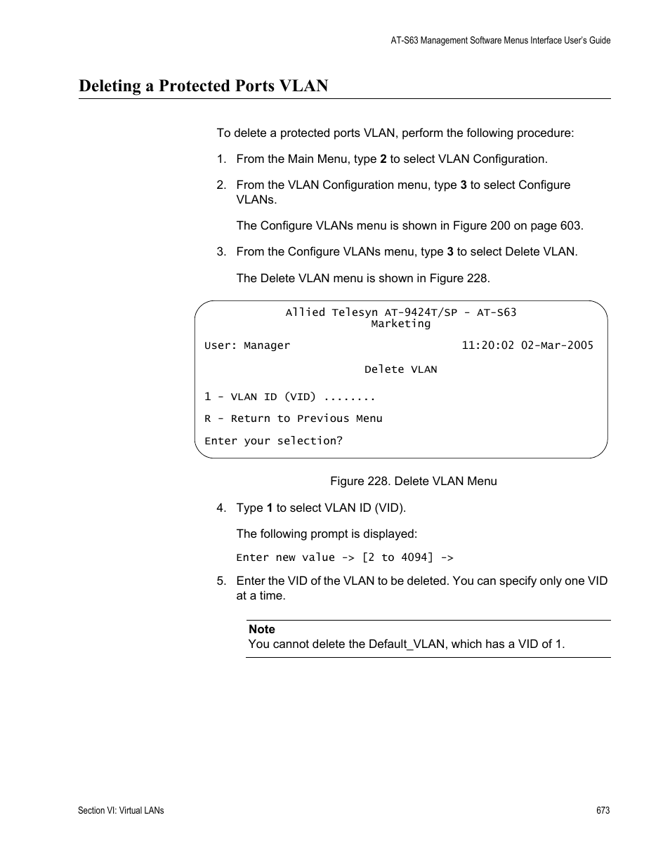 Deleting a protected ports vlan, Figure 228: delete vlan menu | Allied Telesis AT-S63 User Manual | Page 673 / 944