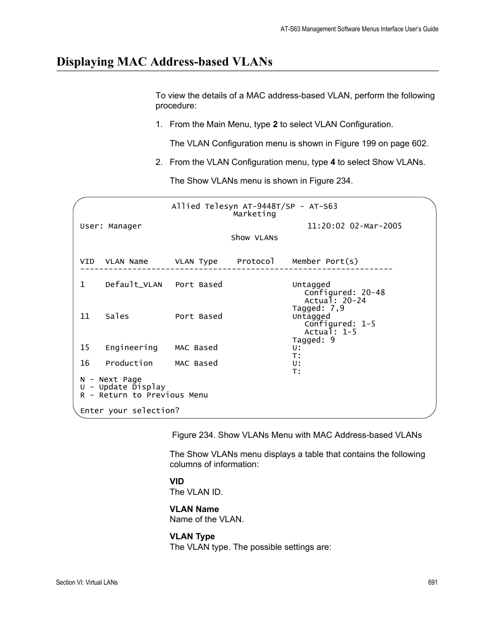Displaying mac address-based vlans | Allied Telesis AT-S63 User Manual | Page 691 / 944
