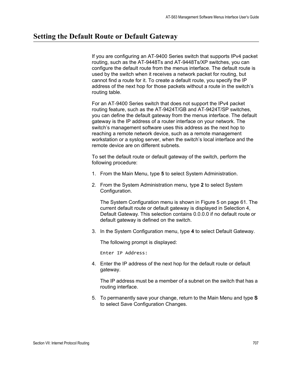 Setting the default route or default gateway | Allied Telesis AT-S63 User Manual | Page 707 / 944