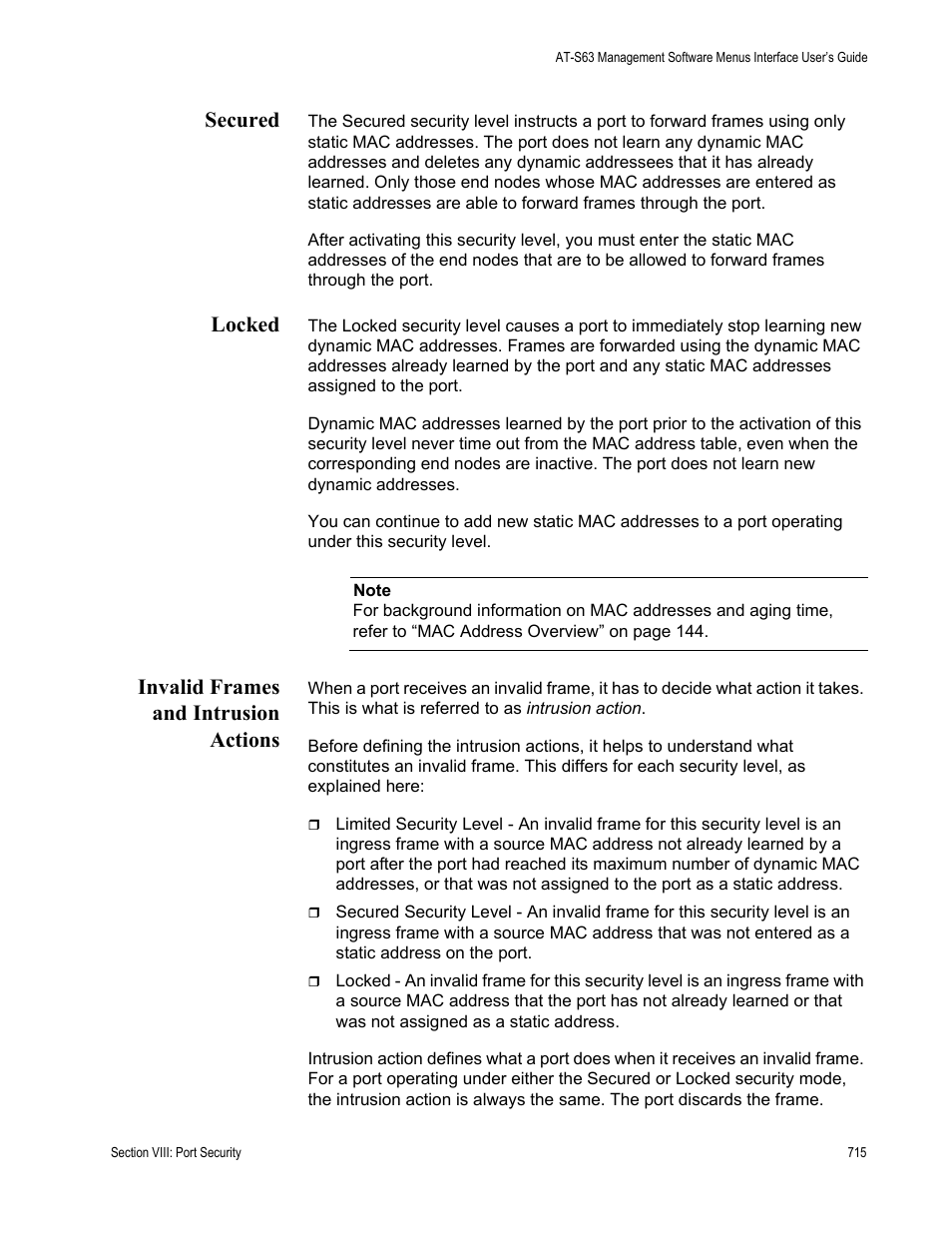 Secured, Locked, Invalid frames and intrusion actions | Allied Telesis AT-S63 User Manual | Page 715 / 944