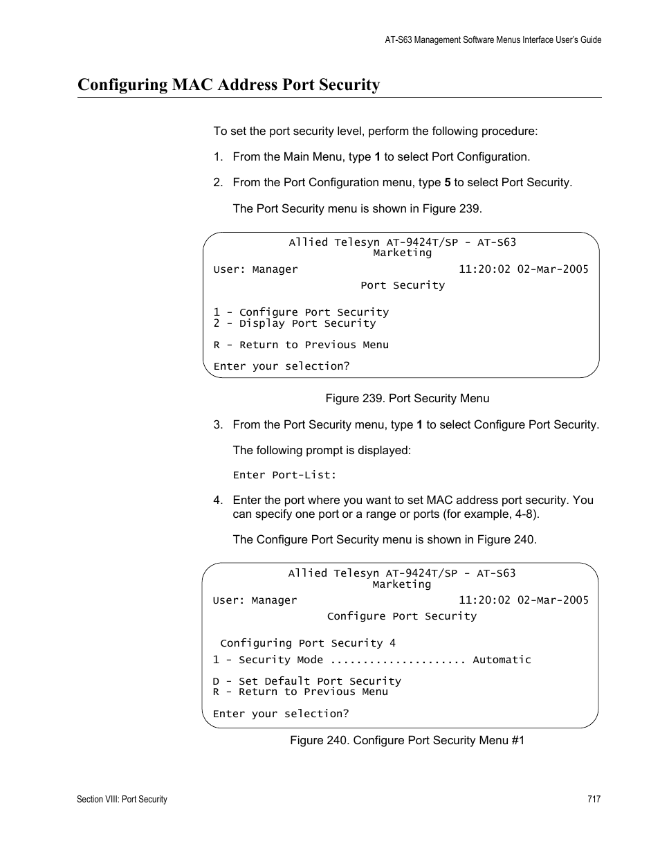 Configuring mac address port security | Allied Telesis AT-S63 User Manual | Page 717 / 944