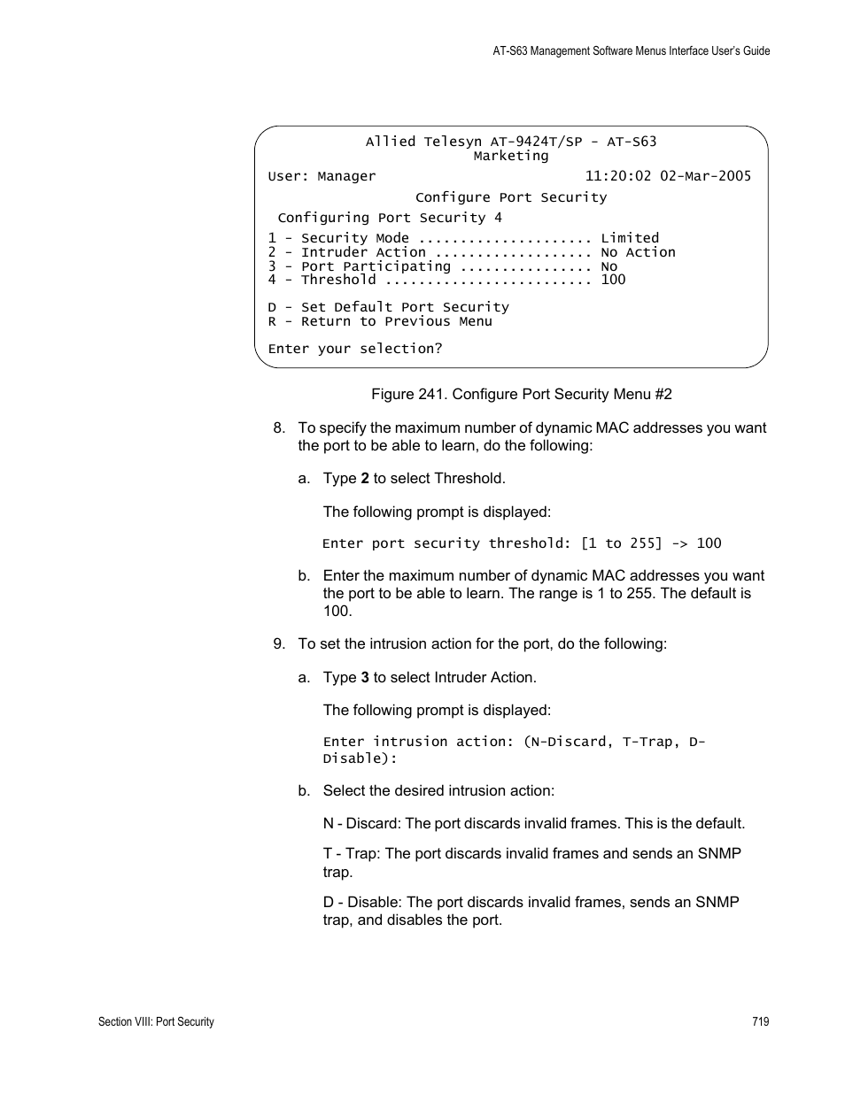 Figure 241: configure port security menu #2 | Allied Telesis AT-S63 User Manual | Page 719 / 944