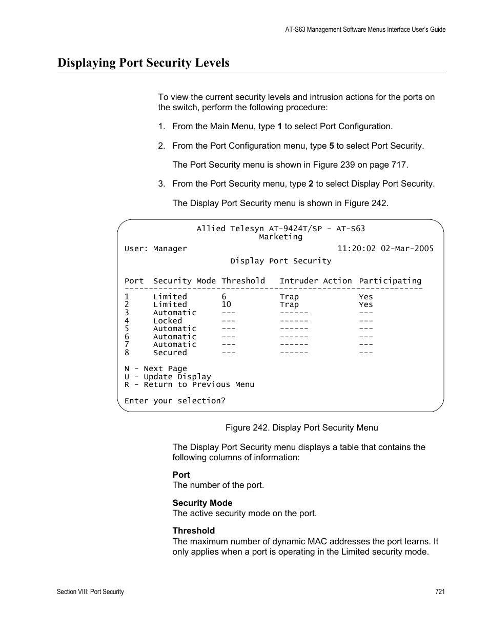 Displaying port security levels, Figure 242: display port security menu | Allied Telesis AT-S63 User Manual | Page 721 / 944