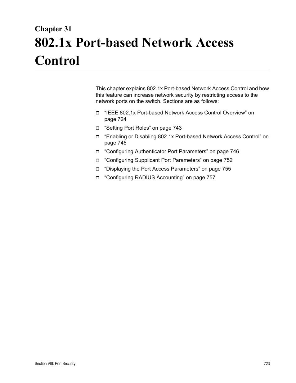 Chapter 31, 1x port-based network access control | Allied Telesis AT-S63 User Manual | Page 723 / 944
