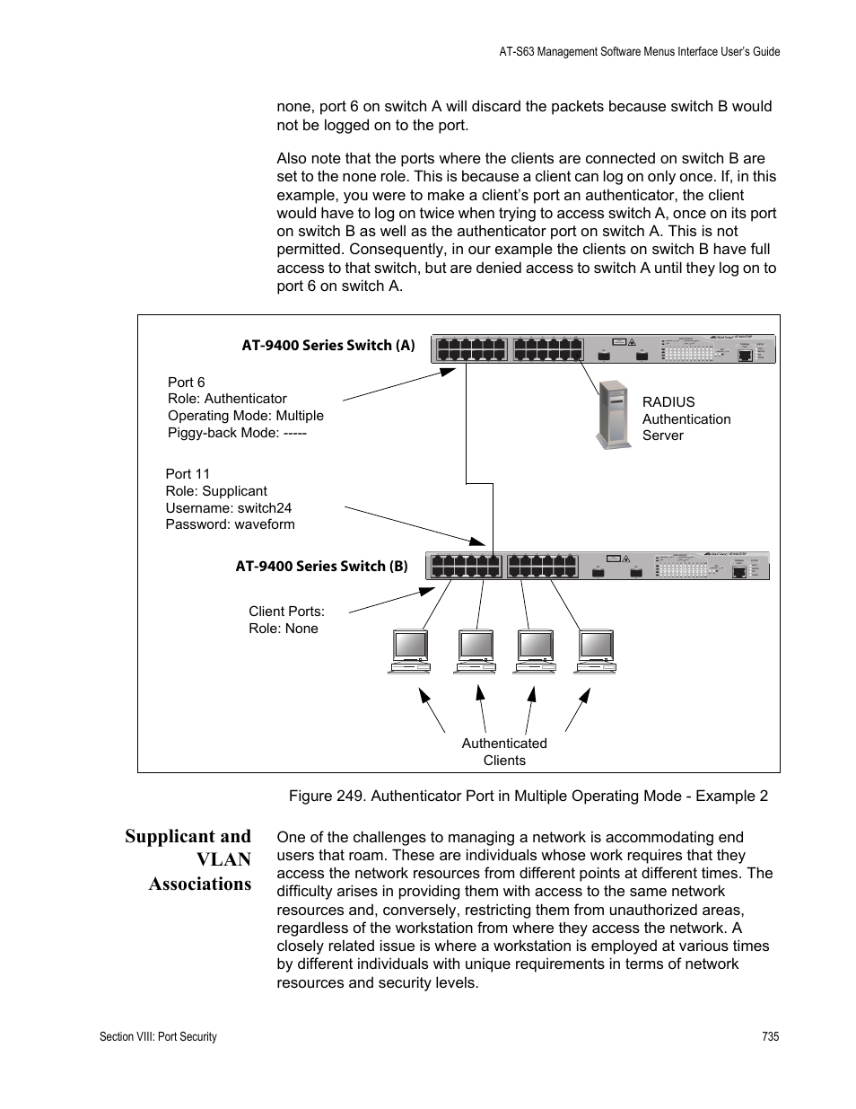 Supplicant and vlan associations, At-9400 series switch (b) | Allied Telesis AT-S63 User Manual | Page 735 / 944