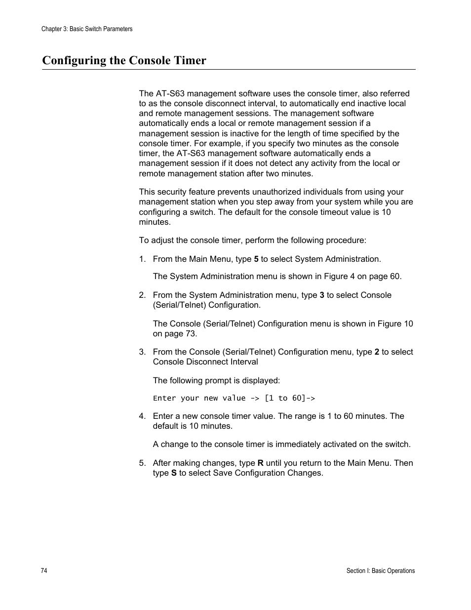 Configuring the console timer | Allied Telesis AT-S63 User Manual | Page 74 / 944