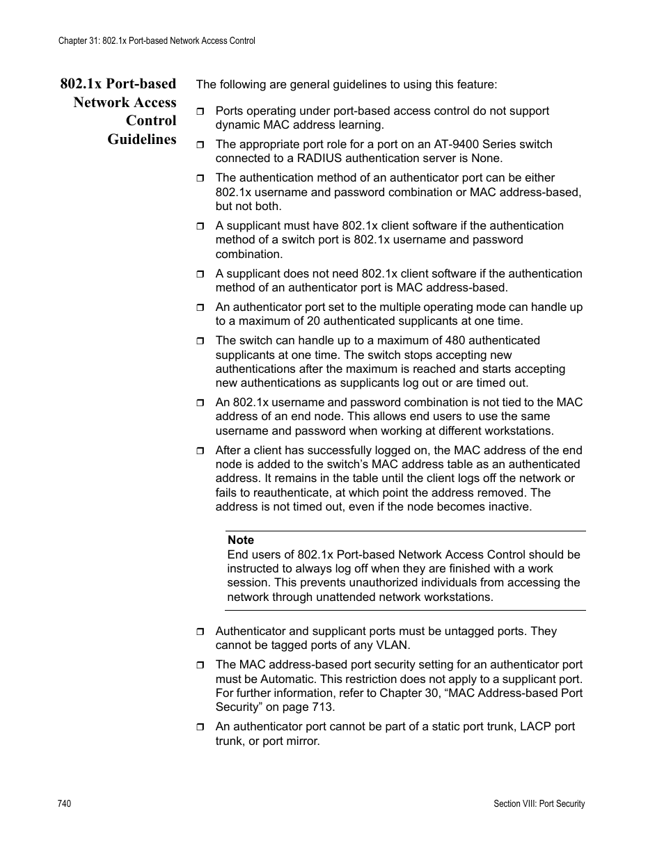 1x port-based network access control guidelines | Allied Telesis AT-S63 User Manual | Page 740 / 944