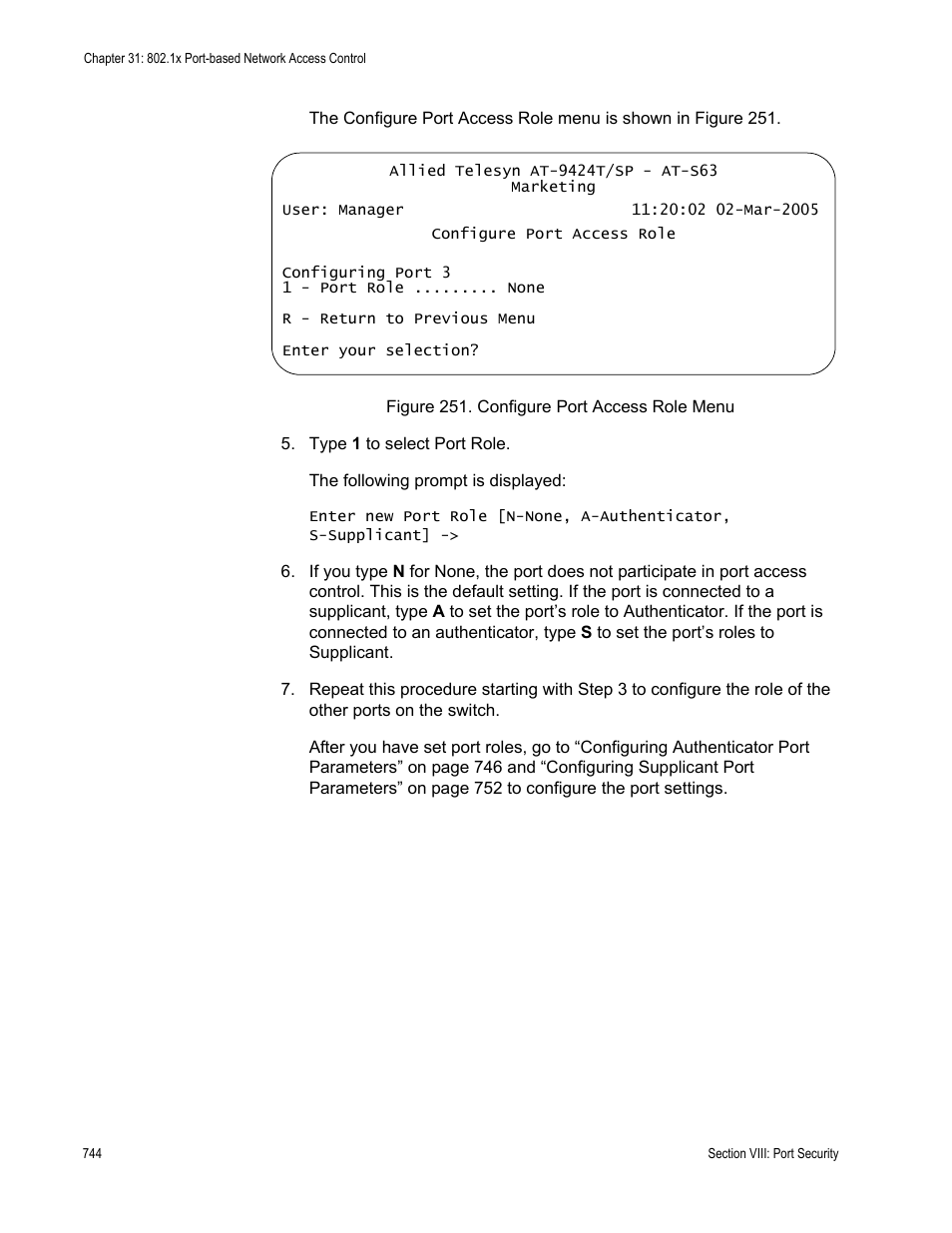 Figure 251: configure port access role menu | Allied Telesis AT-S63 User Manual | Page 744 / 944