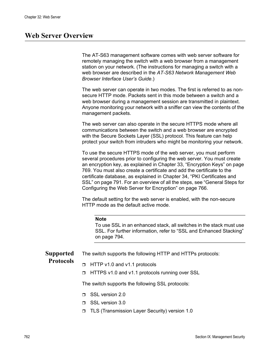 Web server overview, Supported protocols | Allied Telesis AT-S63 User Manual | Page 762 / 944