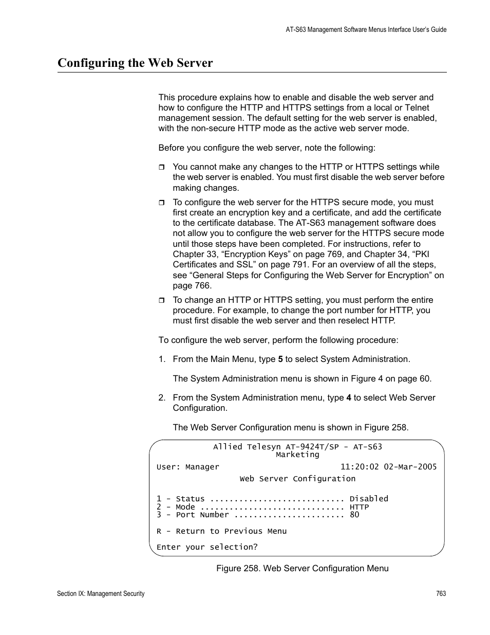 Configuring the web server, Figure 258: web server configuration menu | Allied Telesis AT-S63 User Manual | Page 763 / 944