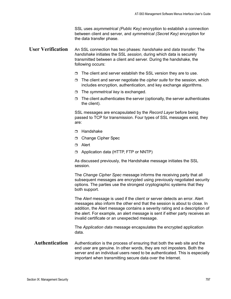 User verification, Authentication, User verification authentication | Allied Telesis AT-S63 User Manual | Page 797 / 944