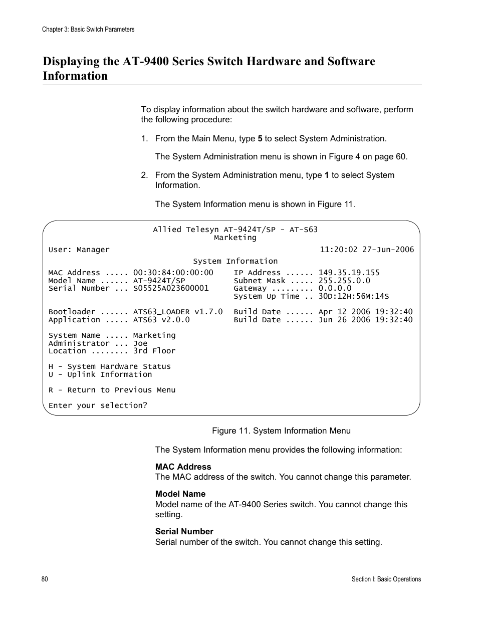 Figure 11: system information menu | Allied Telesis AT-S63 User Manual | Page 80 / 944