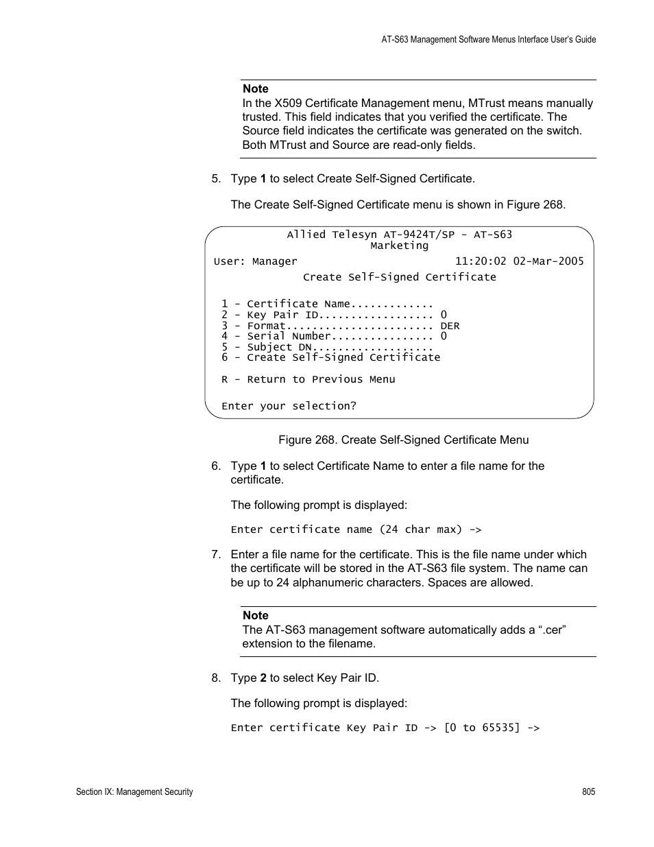 Figure 268: create self-signed certificate menu | Allied Telesis AT-S63 User Manual | Page 805 / 944