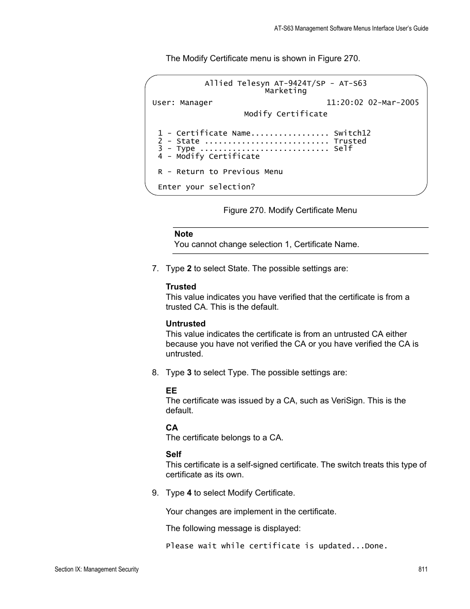 Figure 270: modify certificate menu | Allied Telesis AT-S63 User Manual | Page 811 / 944