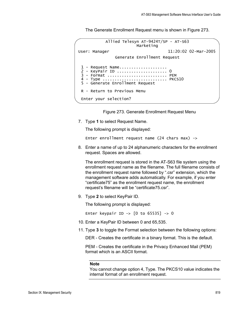 Figure 273: generate enrollment request menu | Allied Telesis AT-S63 User Manual | Page 819 / 944