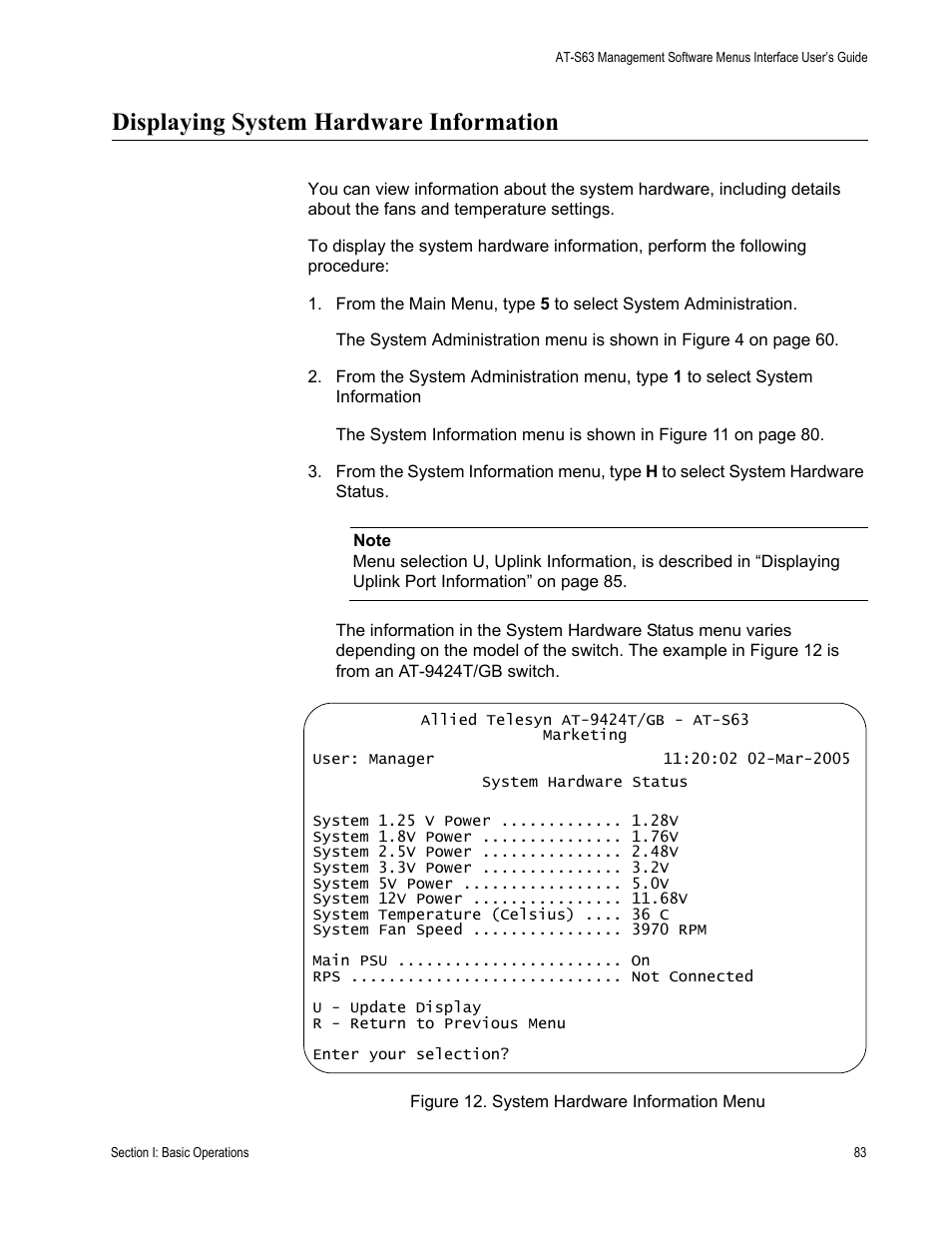 Displaying system hardware information, Figure 12: system hardware information menu | Allied Telesis AT-S63 User Manual | Page 83 / 944