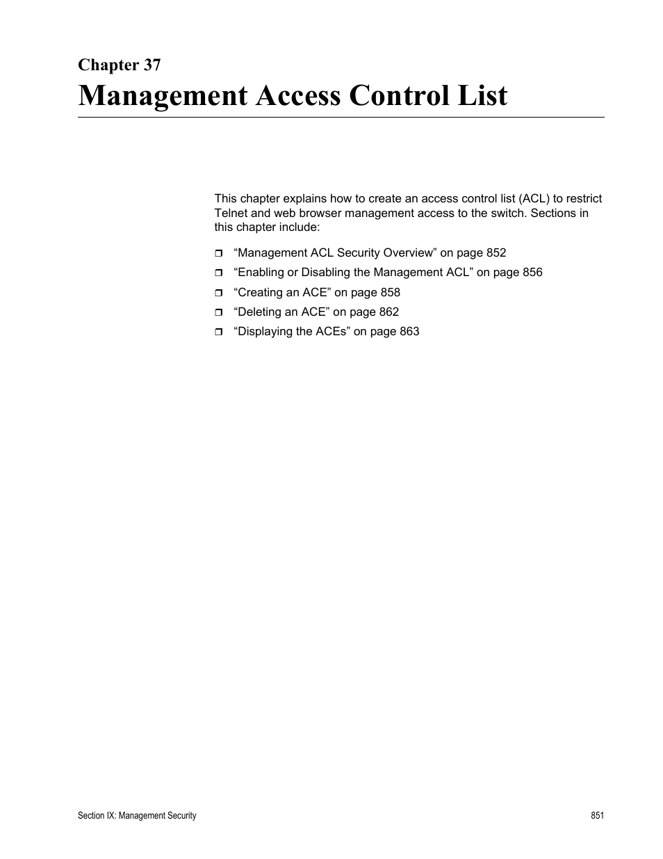 Chapter 37, Management access control list, Chapter 37: management access control list | Allied Telesis AT-S63 User Manual | Page 851 / 944
