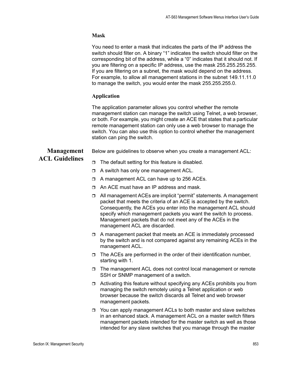 Management acl guidelines | Allied Telesis AT-S63 User Manual | Page 853 / 944