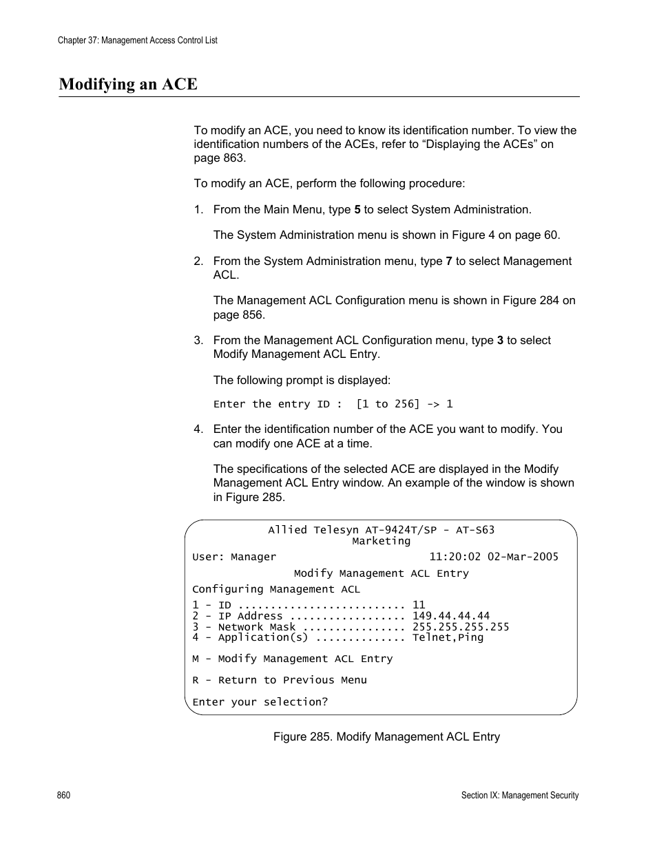 Modifying an ace, Figure 285: modify management acl entry | Allied Telesis AT-S63 User Manual | Page 860 / 944