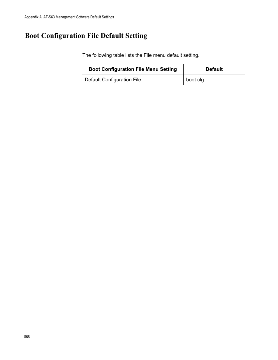 Boot configuration file default setting | Allied Telesis AT-S63 User Manual | Page 868 / 944