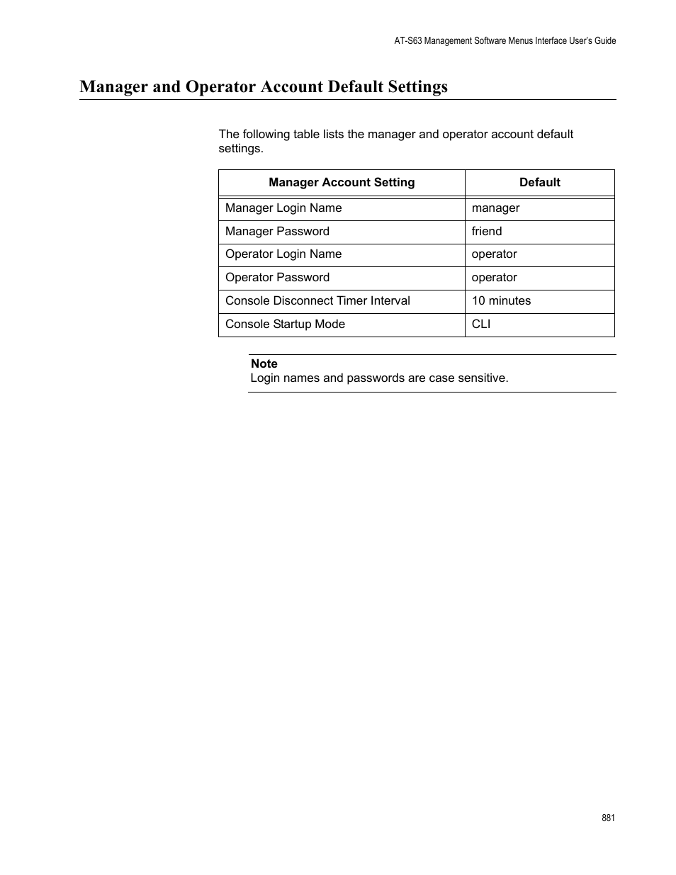 Manager and operator account default settings | Allied Telesis AT-S63 User Manual | Page 881 / 944