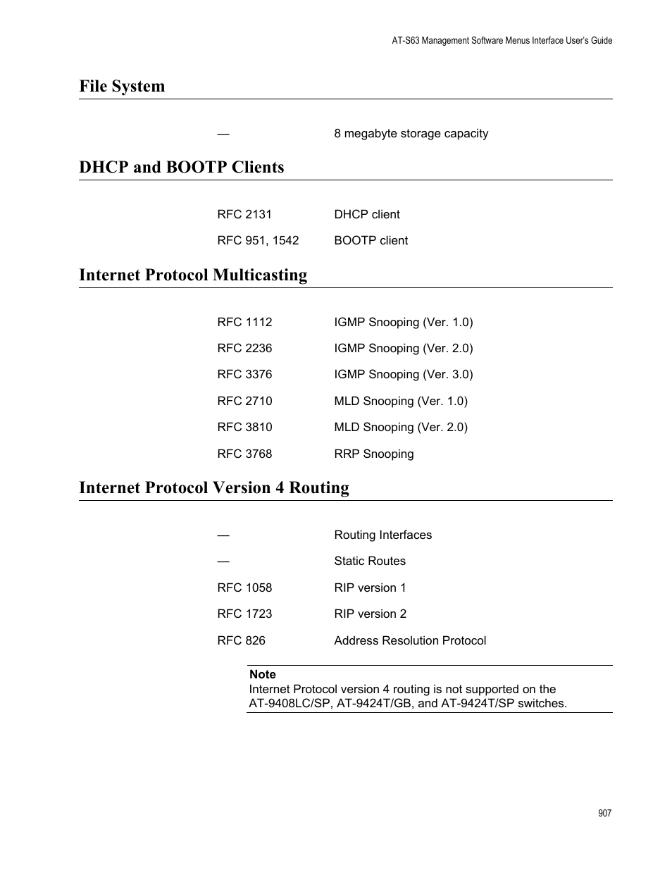 File system, Dhcp and bootp clients, Internet protocol multicasting | Internet protocol version 4 routing | Allied Telesis AT-S63 User Manual | Page 907 / 944