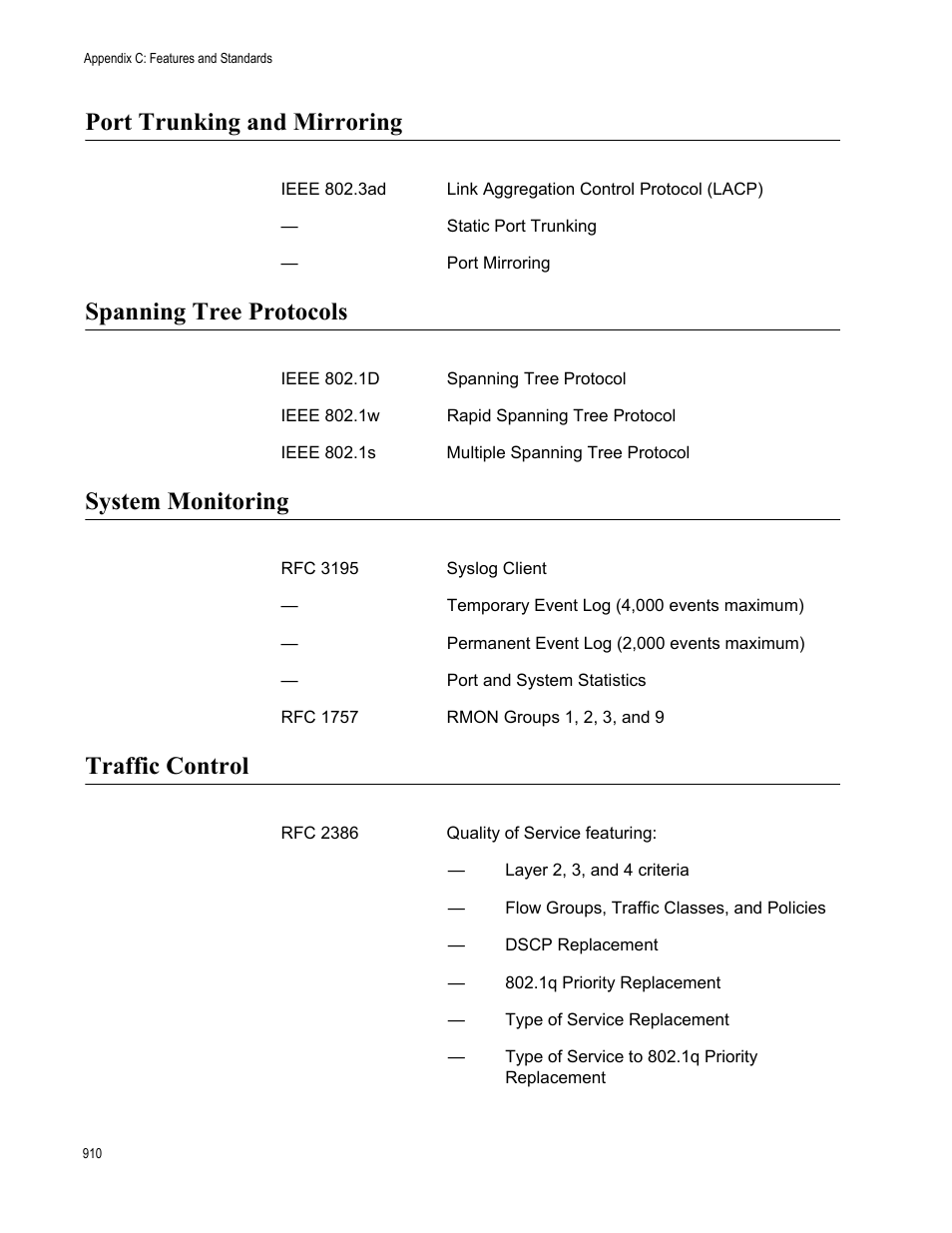 Port trunking and mirroring, Spanning tree protocols, System monitoring | Traffic control | Allied Telesis AT-S63 User Manual | Page 910 / 944