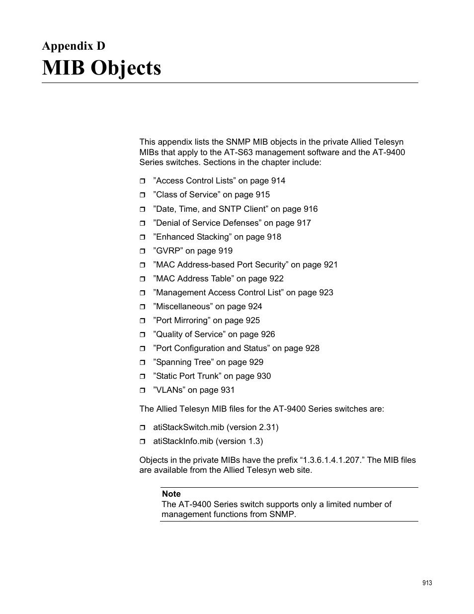 Appendix d, Mib objects, Appendix d: mib objects | Allied Telesis AT-S63 User Manual | Page 913 / 944