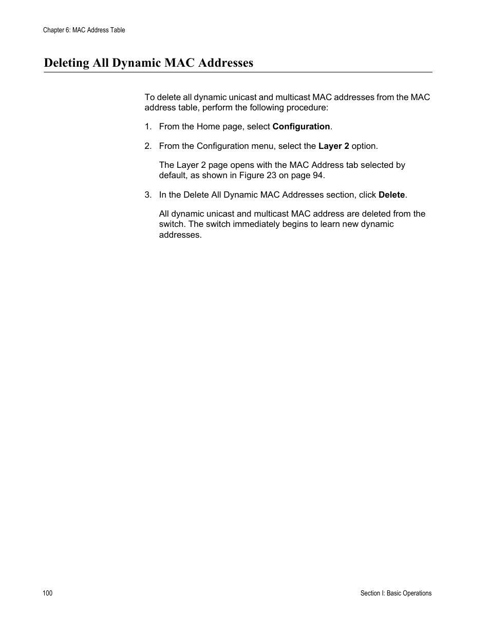Deleting all dynamic mac addresses | Allied Telesis AT-S63 User Manual | Page 100 / 430