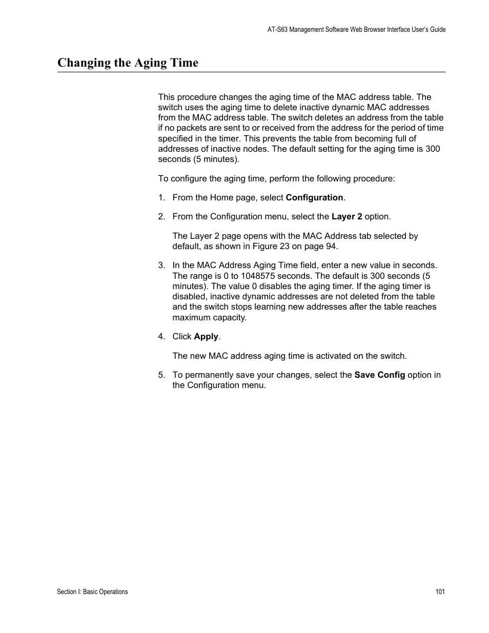 Changing the aging time | Allied Telesis AT-S63 User Manual | Page 101 / 430