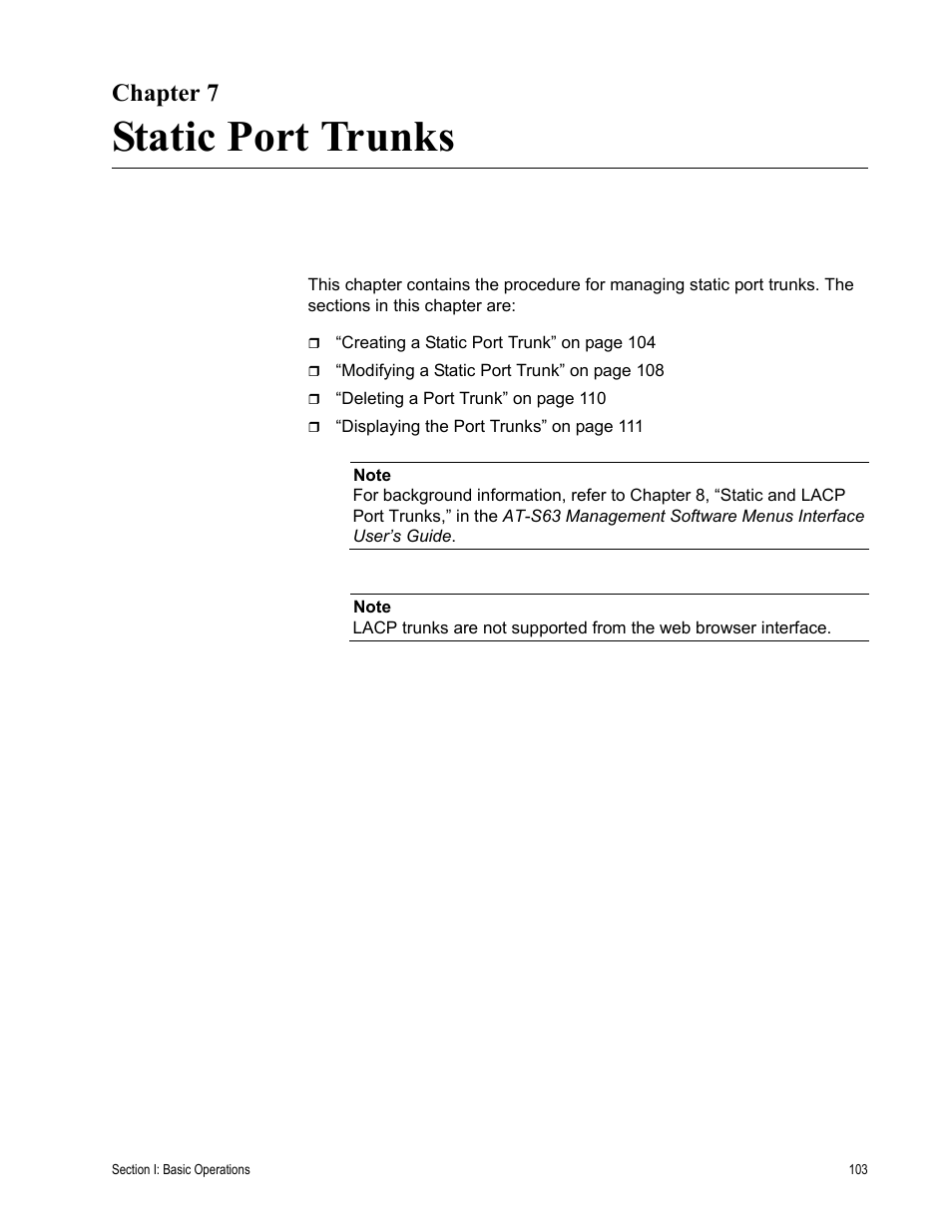 Chapter 7, Static port trunks, R 7: static port trunks | Chapter 7: static port trunks | Allied Telesis AT-S63 User Manual | Page 103 / 430