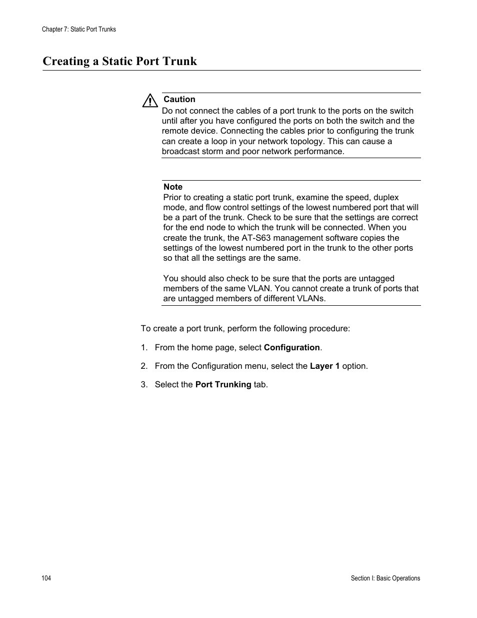 Creating a static port trunk | Allied Telesis AT-S63 User Manual | Page 104 / 430