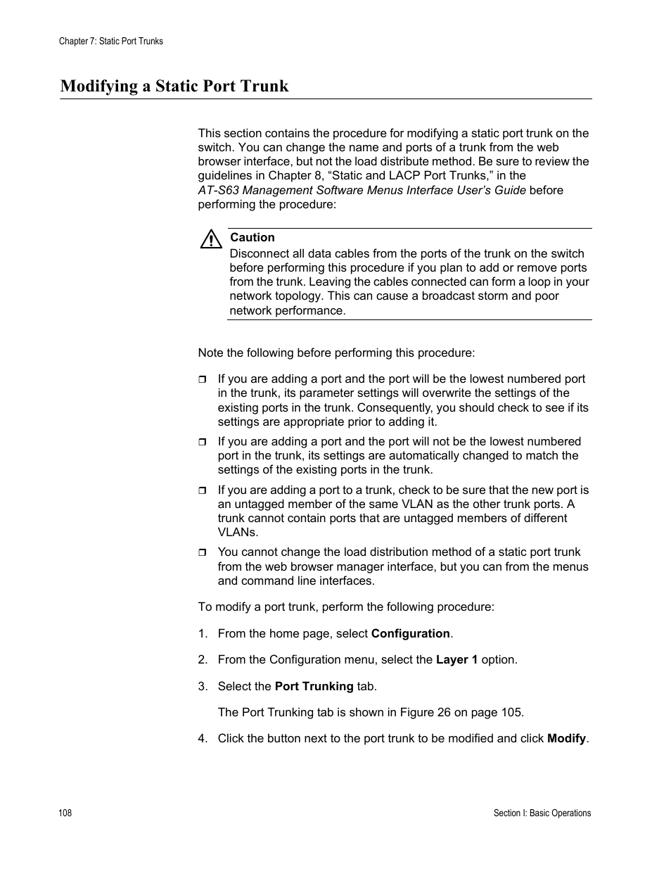 Modifying a static port trunk | Allied Telesis AT-S63 User Manual | Page 108 / 430