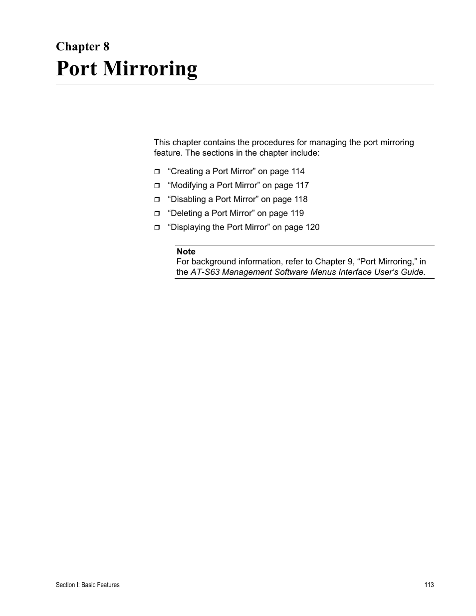 Chapter 8, Port mirroring, Chapter 8: port mirroring | Allied Telesis AT-S63 User Manual | Page 113 / 430