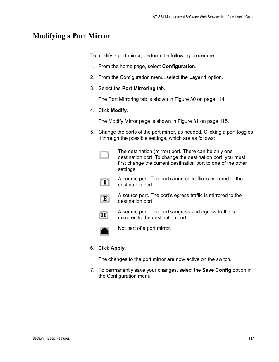 Modifying a port mirror | Allied Telesis AT-S63 User Manual | Page 117 / 430